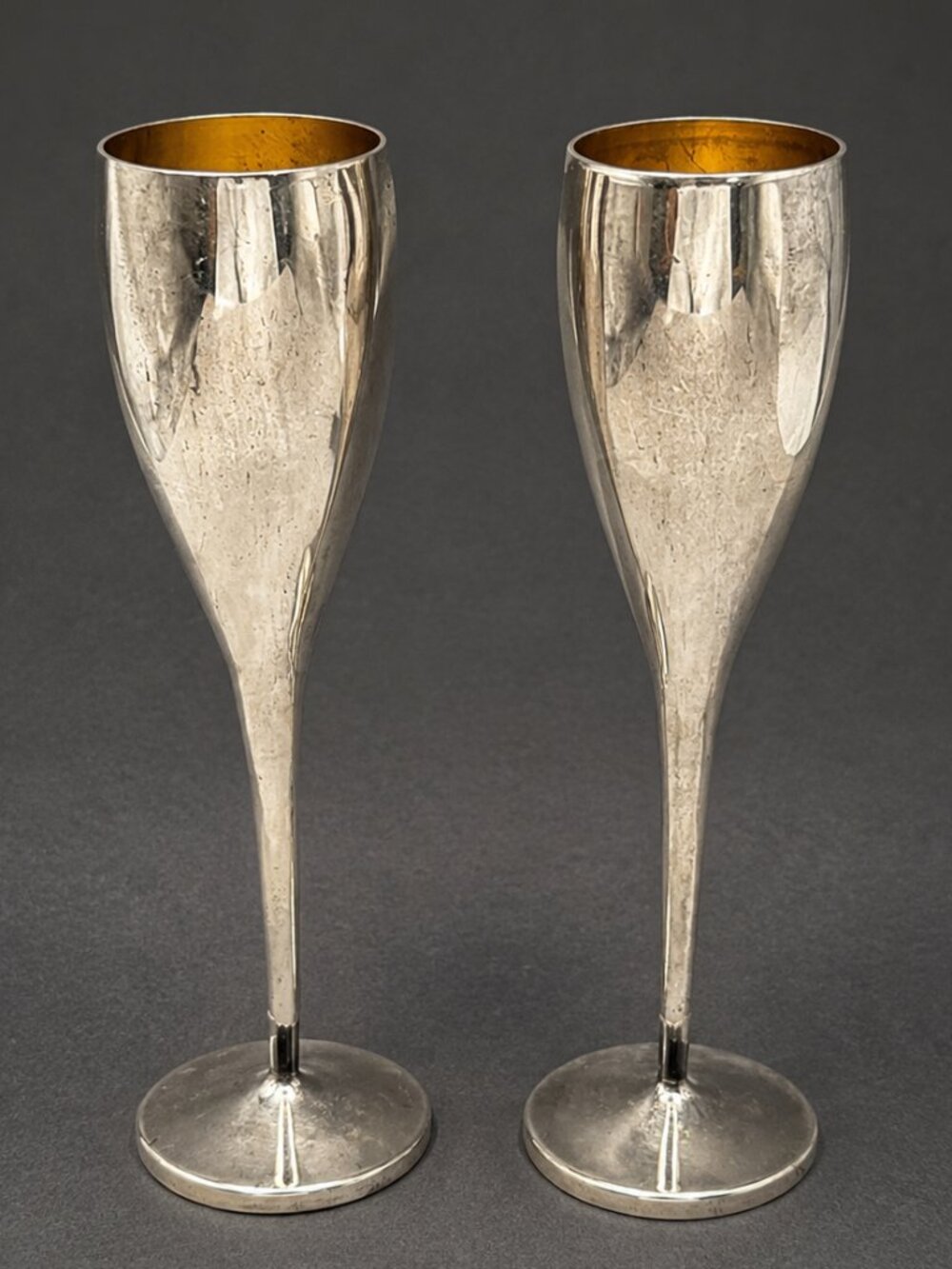 Vintage Silver Plate Champagne Flutes Gold Wash Set of 2 Modern Toast Glasses